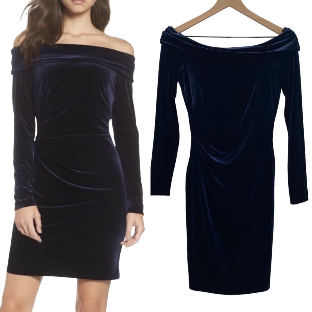 Eliza J Dress Velvet Off the Shoulder Mini Long Sleeves Zips Navy Blue Womens 2